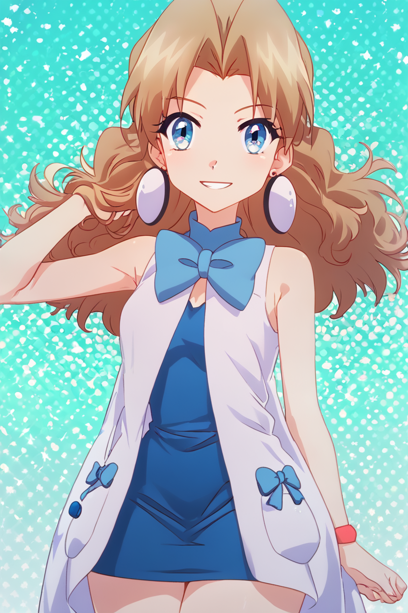score_9, score_8_up, score_8, medium breasts, (curvy), cute, eyelashes,       BREAK, , <lora:Molly_Pokemon_PDXL:0.8>,  zzMolly,  blue eyes, brown hair, parted bangs, long hair,  jewelry, earrings, bow, bowtie, sleeveless, blue bow, dress, white coat,  , BREAK, smile, looking at viewer, cowboy shot, embedding:zPDXL, Expressiveh, <lora:PrismaIllya_PDXL_v3:1.0>,  <lora:SDXLFaeTastic2400:0.5>,  <lora:Expressive_H-000001:0.4>,