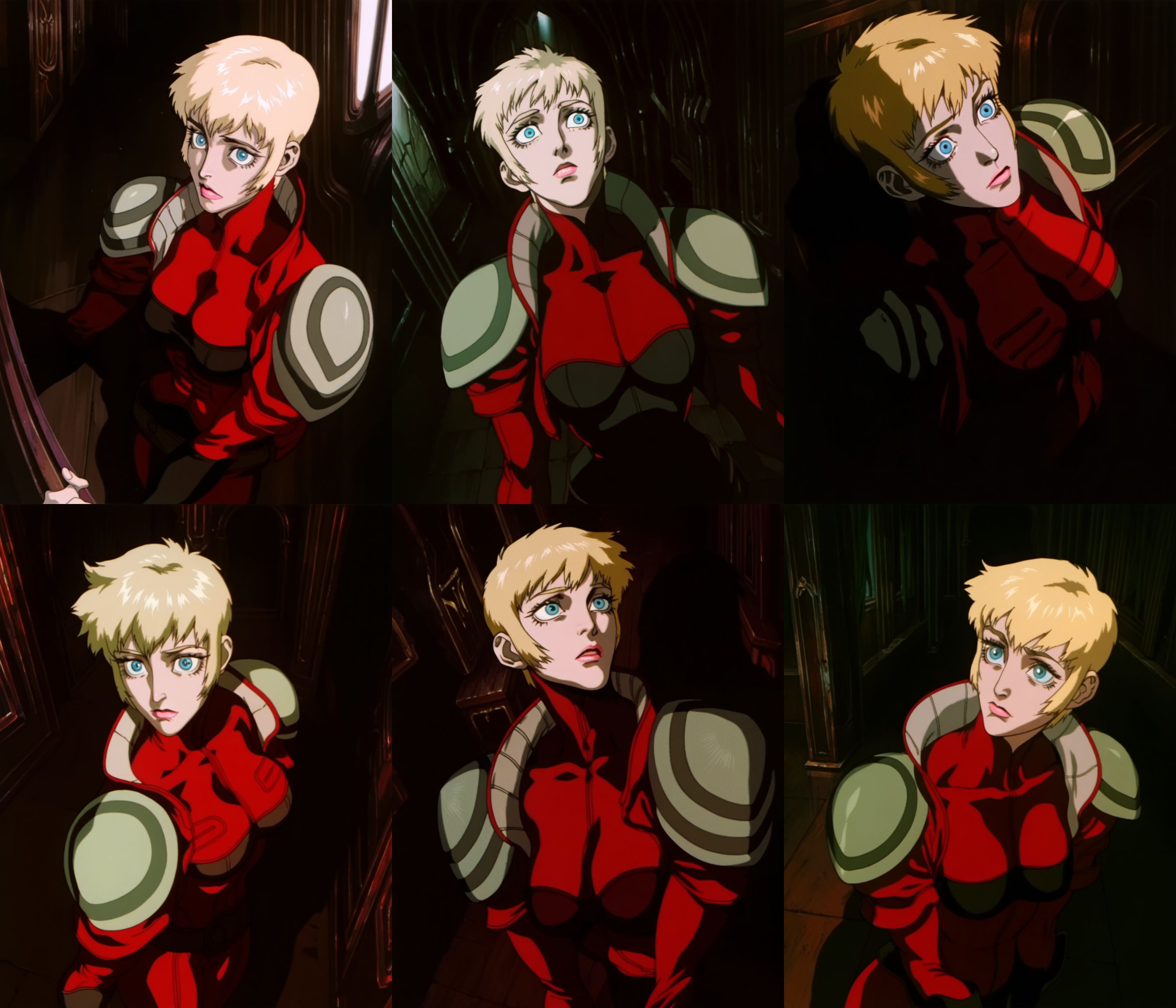 best quality, highres, absurdres, (traditional media, refined digital media \(artwork\):0.6),  masterpiece, anime screenshot, 1990s (style),
(JJFrenchie/Joel Jurion,(artist: xxoom:0.5), (artist: incase:0.6), artist: sabu \(sabudenego\),universal portrait, angle, dynamic, perspective, solo,
1girl, leila marcus \(vampire hunter d\)  ,  shoulder armor, 
blue eyes, wide open eyes , eyelashes,medium breasts, pink lips,medium blonde hair) head turned to the side, red armor, shadow, lighting,
dark theme, indoors, church interior,
 <lora:Vampire Hunter D Illustrious-step00000700:0.9>