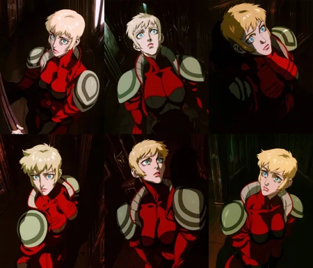 best quality, highres, absurdres, (traditional media, refined digital media \(artwork\):0.6),  masterpiece, anime screenshot, 1990s (style),
(JJFrenchie/Joel Jurion,(artist: xxoom:0.5), (artist: incase:0.6), artist: sabu \(sabudenego\),universal portrait, angle, dynamic, perspective, solo,
1girl, leila marcus \(vampire hunter d\)  ,  shoulder armor, 
blue eyes, wide open eyes , eyelashes,medium breasts, pink lips,medium blonde hair) head turned to the side, red armor, shadow, lighting,
dark theme, indoors, church interior,
 <lora:Vampire Hunter D Illustrious-step00000700:0.9>