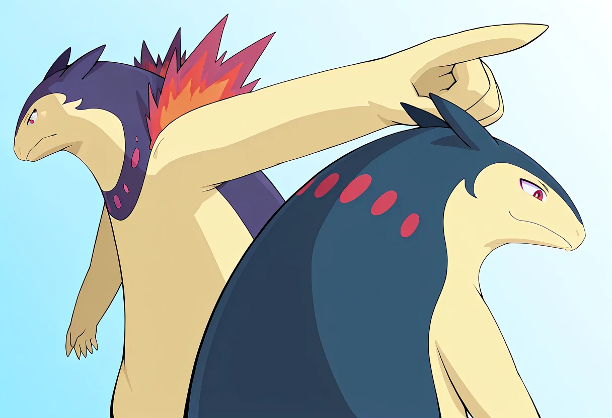 masterpiece, best quality, absurdres, yourturn, typhlosion, from behind, looking down, pointing at another, simple background, <lora:Next_its_your_turn_meme:1>