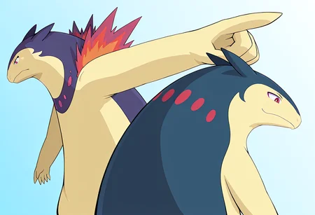 masterpiece, best quality, absurdres, yourturn, typhlosion, from behind, looking down, pointing at another, simple background, <lora:Next_its_your_turn_meme:1>