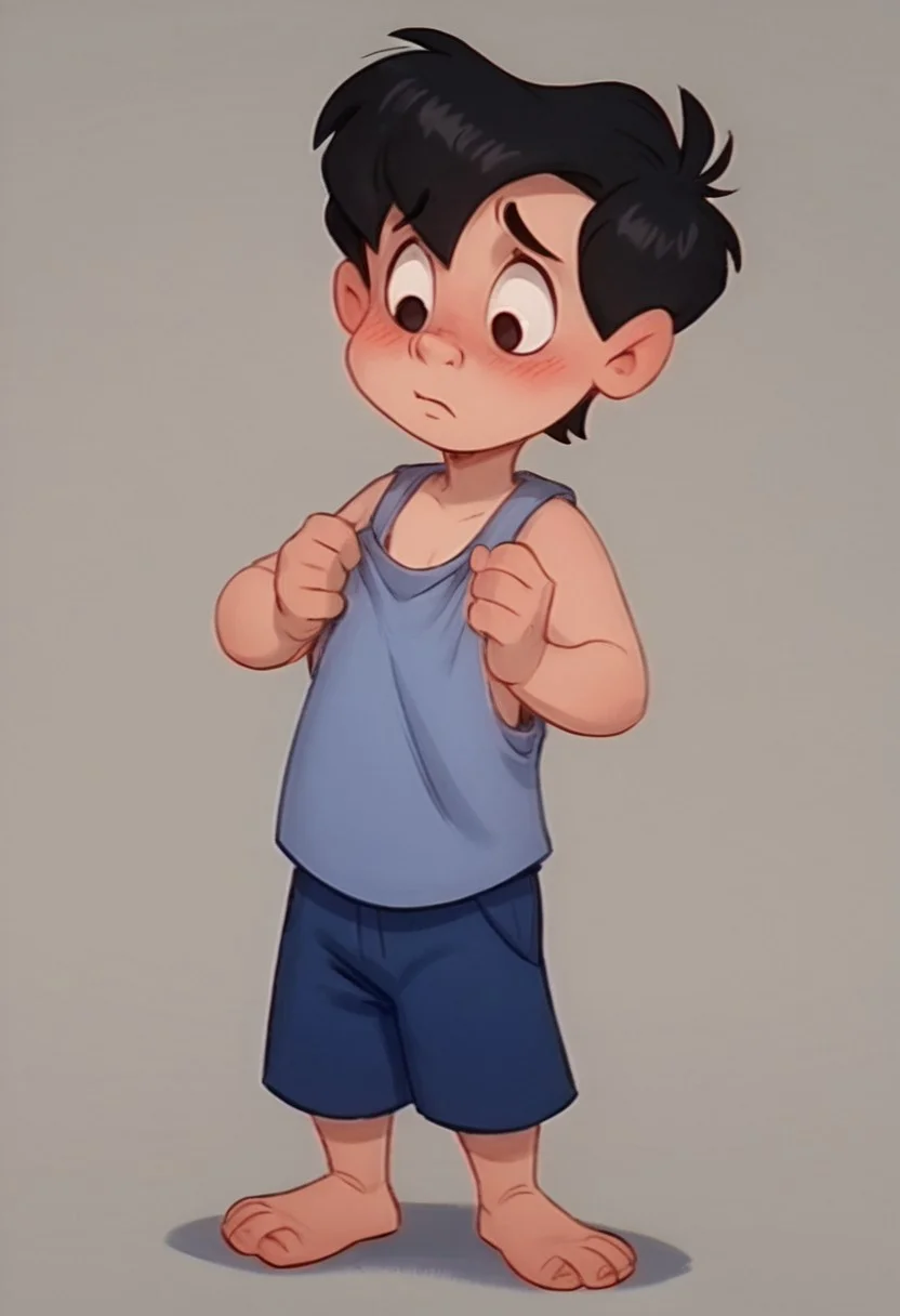 score_9, score_8_up, score_7_up, score_6_up, 1boy, solo, male, Neddiehugson, 1boy, solo,  black hair, short hair, black eyes, thin body, thin face, short stature, cute boy, blushing, shy, tank top, shorts, barefoot