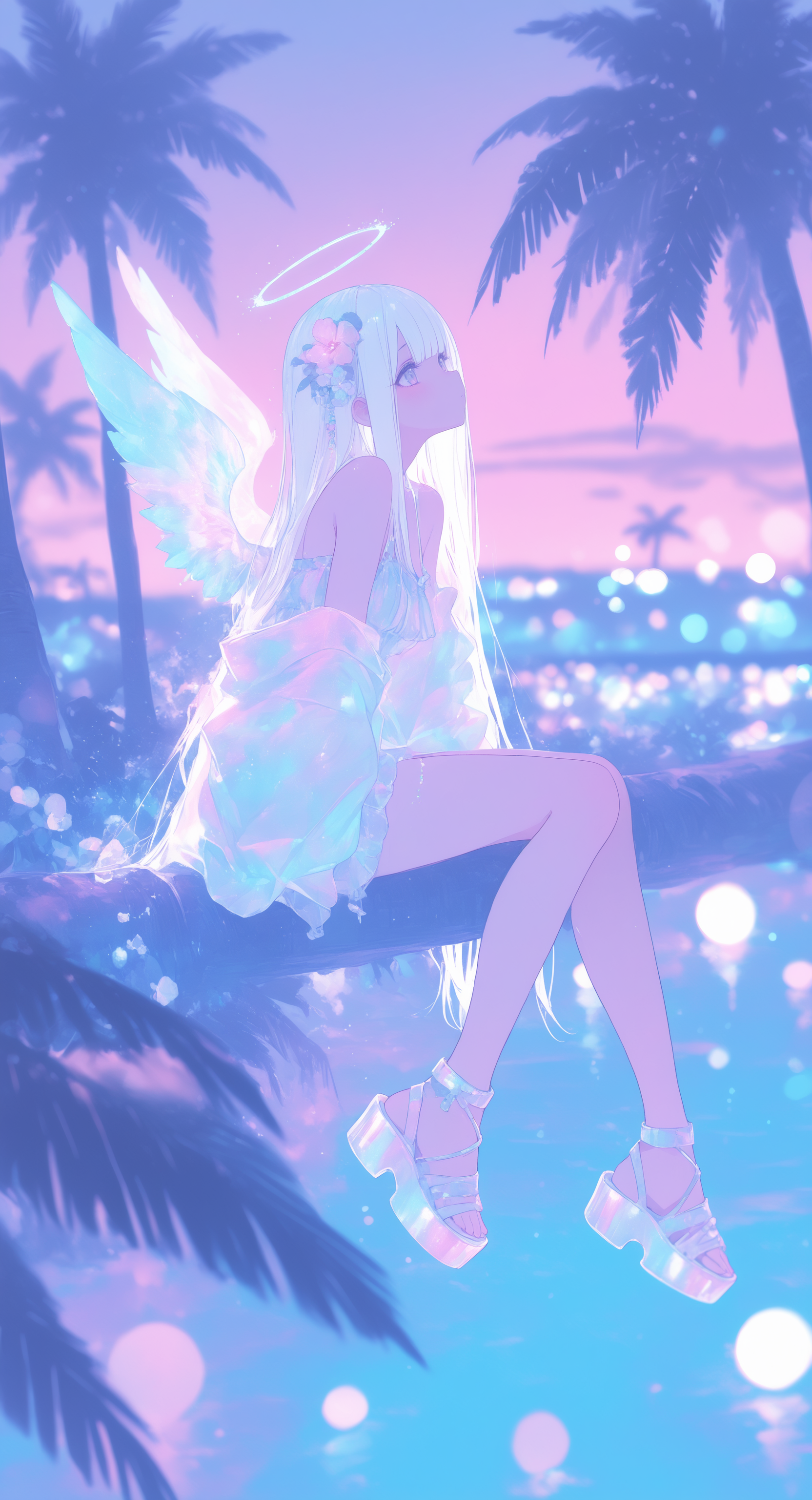 incredibly absurdres, highres, masterpiece, newest, 1girl, hair ornament, wings, hair flower, flower, solo, long hair, sitting, white hair, palm tree, halo, sandals, tree, bangs, outdoors,pastel colors, iridescent, blurry, soft_light,sunny,scenery, depth of field, bokeh, xxx667_illu, glowing <lora:illustriousXL_stabilizer_v1.23:0.35> <lora:XXX667:1>