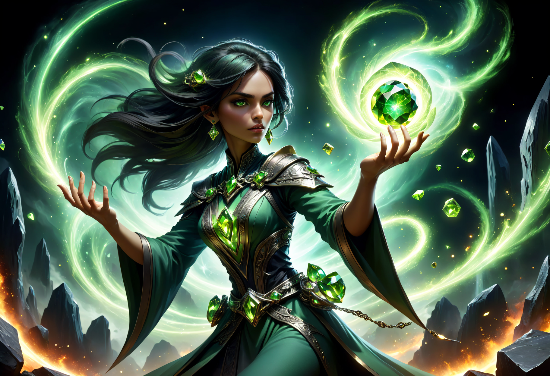 hyper detailed masterpiece, dynamic, awesome quality, female spellcaster, cosmic energy manipulation  Casting spells sorcery shaped like Mirage of peridot green pyroclasmic chaos and shaping and forging metal with magic DonMM4g1cXL <lora:DonMM4g1cXL_v1.2:0.7> <lora:Perfect Hands v2:1.0> Perfect Hands