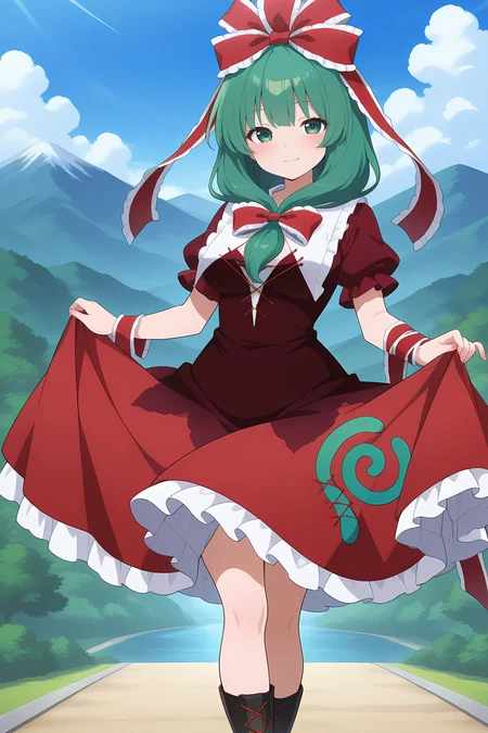 absurdres, highres, masterpiece, best quality, amazing quality, official anime artwork, screencap, anime screencap, outdoors, looking at viewer, light smile, dynamic pose, youkai mountain, 
 <lora:Hina-Kagiyama_Illustrious:1> kagiyama hina, 1girl, solo, green eyes, green hair, long hair, front ponytail,, hair ribbon, red ribbon, lace trim, red dress, short sleeves, frilled skirt,