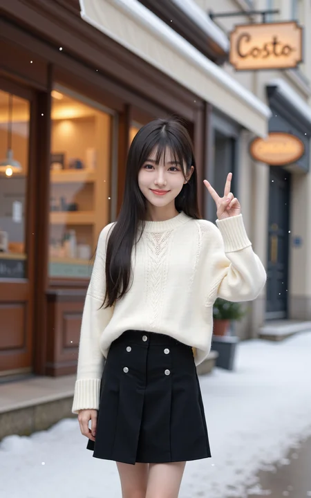 A young girl in a white sweater and a black knee-length skirt stands on a snowy street in a small Parisian town. She has a gentle smile on her face,her expression calm and serene. She raises one hand to form a V shape in a joyful victory pose. Behind her,a cozy milk tea shop with a vintage sign reading "Costo" stands,with warm light spilling from the windows. Snowflakes drift around her,adding to the magical winter atmosphere. The scene is captured in an ultra-photorealistic style with soft,natural lighting and a cinematic depth of field,highlighting the delicate details of the snowy street and the charming shop.,
<lora:baby-base-01-flux:0.8>,baby,long black hair,bangs,she has a slender physique and a petite build,