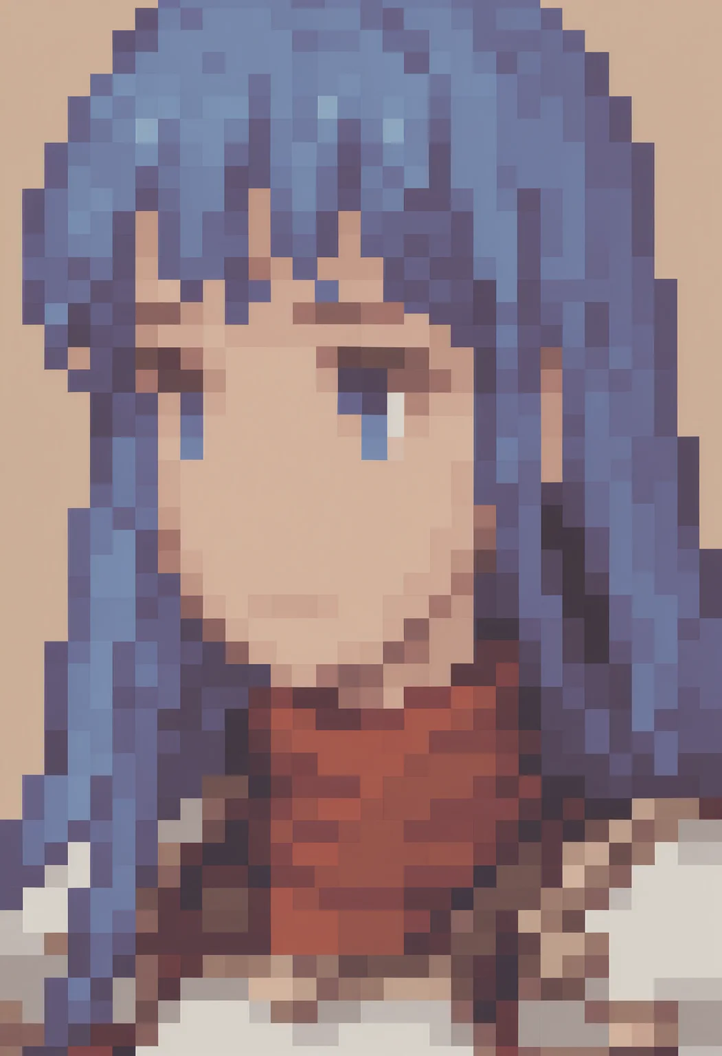 masterpiece, best quality, solo, 1girl, looking at viewer,  <lora:FFT-Portraits-illus_Fp:1>, pixel art, portrait, simple background, <lora:caeda-fe-richy-v1_ixl:1>, caedadef, blue eyes, blue hair, long hair, bangs, turtleneck, red shirt, shoulder armor, pauldrons, breastplate,