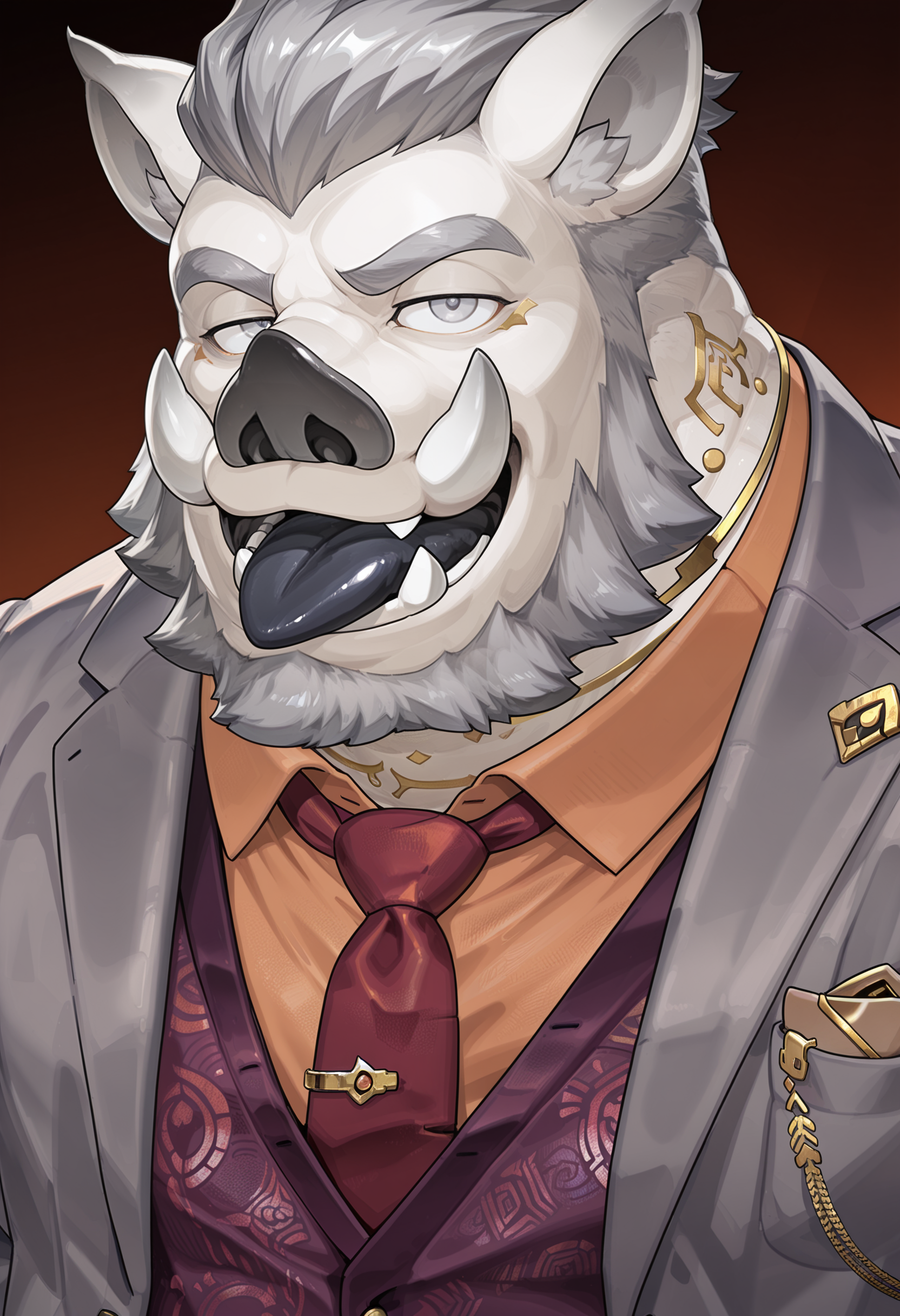 masterpiece, best quality, amazing quality, 1boy, solo, full body, Ygolonac, boar boy, gray eyes, gray jacket, purple vest, orange shirt, red necktie, jewelry, rings, close up, face focus, portrait, smiling, closed mouth, tongue out, black tongue