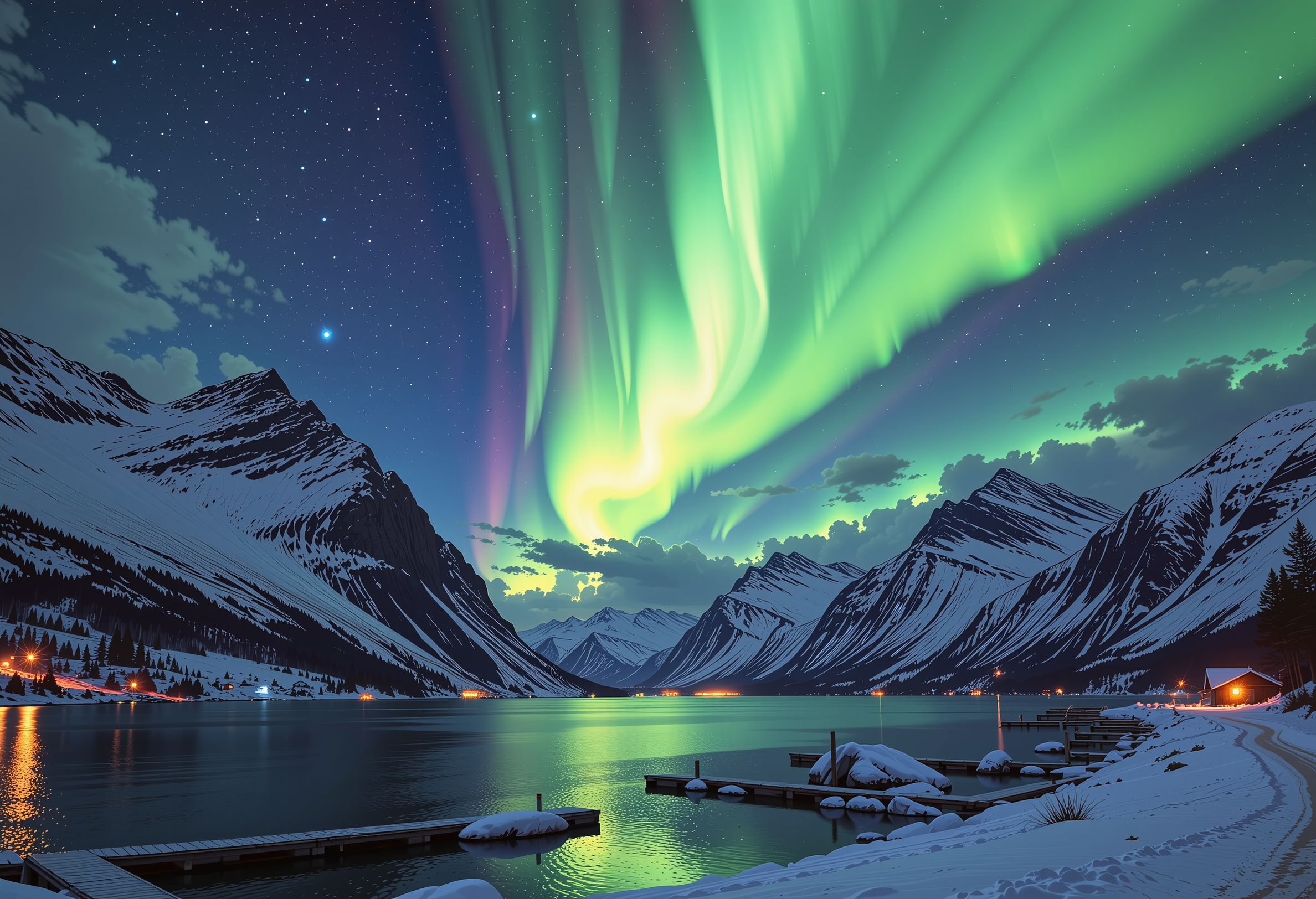 A serene Norwegian fjord bathes in the soft luminescence of winter night, snow-clad backdrop of towering fjord peaks that rise majestically towards the sky. The surrounding landscape is set ablaze by an ethereal display of green hues from the aurora borealis, which dances across the celestial canvas in a swirling ballet of light and color. The air is heavy with an expectant quiet, as if time itself has paused to allow the gentle light from the stars flickering to dance upon the rippling waters, where a mirrored sheen reflects the beauty above. In this fleeting instant, all that exists is a poignant portrayal of the enchanting serenity of Nordic winter nights, where the undulating shadows cast by the aurora mingle with the soft ambient luminescence, as if bound together by an unseen thread of time., ultra-detailed, hyper-detailed, ambient lighting, volumetric lighting, (masterpiece), (Amazing quality), (phenomenal aesthetic), cinematic moment, 8K<lora:FLUX_Ghibsky_Illustrations.safetensors:0.8:1.0>