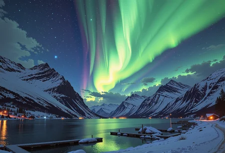 A serene Norwegian fjord bathes in the soft luminescence of winter night, snow-clad backdrop of towering fjord peaks that rise majestically towards the sky. The surrounding landscape is set ablaze by an ethereal display of green hues from the aurora borealis, which dances across the celestial canvas in a swirling ballet of light and color. The air is heavy with an expectant quiet, as if time itself has paused to allow the gentle light from the stars flickering to dance upon the rippling waters, where a mirrored sheen reflects the beauty above. In this fleeting instant, all that exists is a poignant portrayal of the enchanting serenity of Nordic winter nights, where the undulating shadows cast by the aurora mingle with the soft ambient luminescence, as if bound together by an unseen thread of time., ultra-detailed, hyper-detailed, ambient lighting, volumetric lighting, (masterpiece), (Amazing quality), (phenomenal aesthetic), cinematic moment, 8K<lora:FLUX_Ghibsky_Illustrations.safetensors:0.8:1.0>