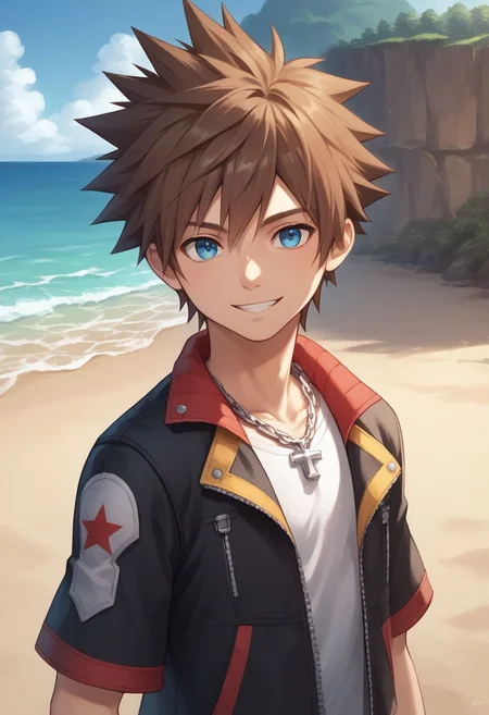 score_9, score_8_up, source_anime, highly detailed, 1boy, solo, male_focus slender, skinny, human child,
sora, spiked hair, male focus, 1boy, brown hair, blue eyes, gloves, jewelry, solo, smile, fingerless gloves, zipper, necklace, upper body,
outdoor, island, beach,