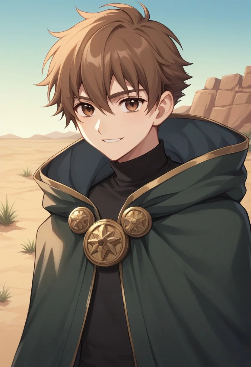 score_9, score_8_up, score_7_up, source_anime, highly detailed,
shaoran, 1boy, solo, male focus brown hair, brown eyes, gloves, cape, smile, cloak, shirt, black shirt, sleeveless, black gloves, hooded cloak, turtleneck, upper body, slender, skinny
outdoor, desert, ruins,