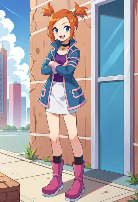 PonyXLV6_Scores,1girl,ruipc, <lora:Ruipcpony:0.95>, standing,full body,facing viewer,crossed arms,happy,:d,short hair,short twintails,orange hair,blue eyes,choker,,jacket,skirt,boots,pink footwear,outdoors,city,desert