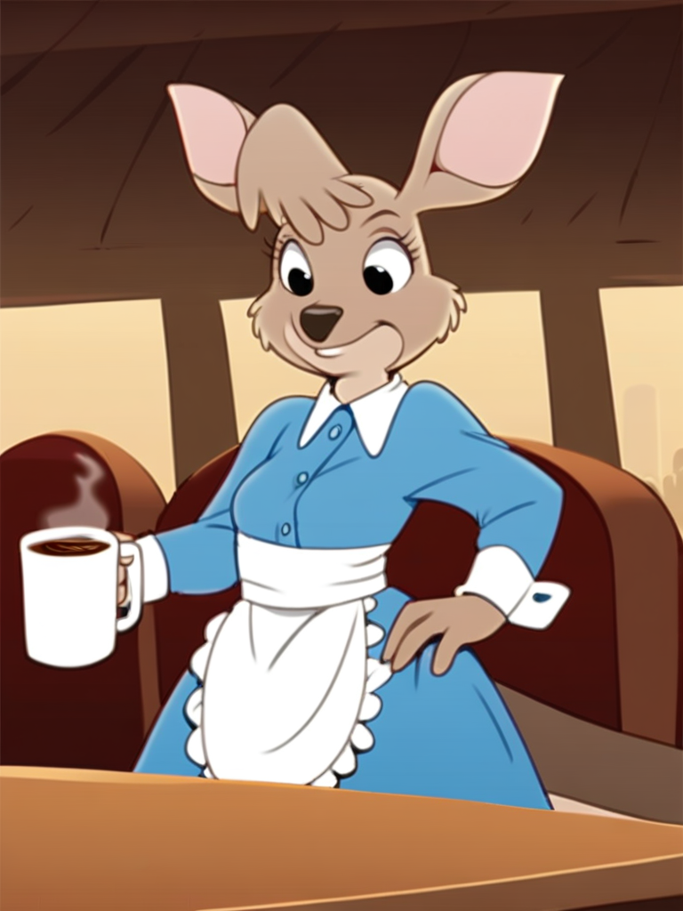 score_9, score_8_up, score_7_up, score_6_up, score_5_up, score_4_up, source_furry, Matilda_Roo, 1girl, solo, tail, two-tone fur, maid uniform, holding tray, mug, coffee, table, chairs, crowd, cafe, detailed eyes, detailed face, <lora:matilda_roo-v1:1>