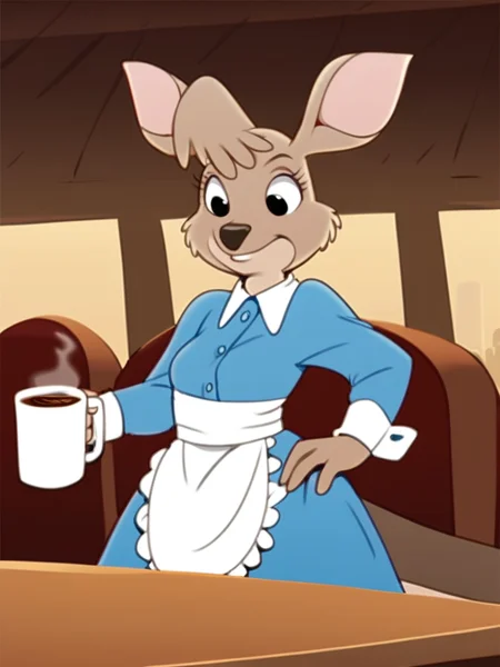 score_9, score_8_up, score_7_up, score_6_up, score_5_up, score_4_up, source_furry, Matilda_Roo, 1girl, solo, tail, two-tone fur, maid uniform, holding tray, mug, coffee, table, chairs, crowd, cafe, detailed eyes, detailed face, <lora:matilda_roo-v1:1>