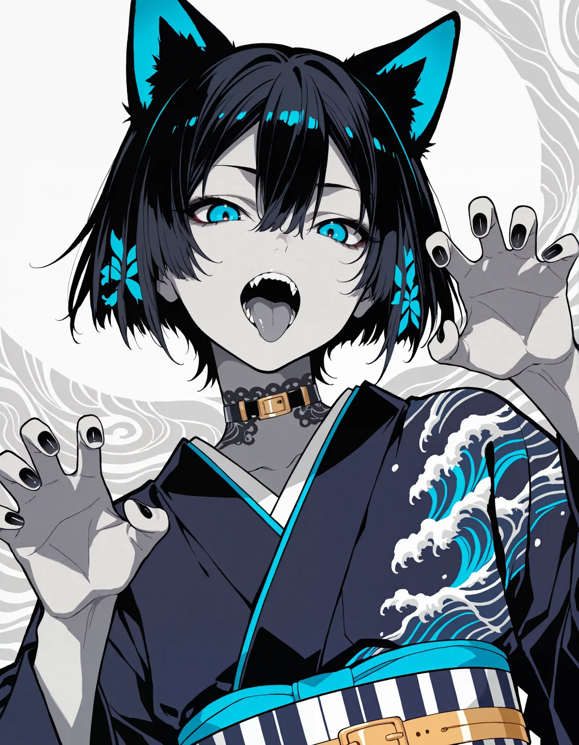 (flat_colors:1, anime_coloring, vector_trace:1), incredibly_absurdres, very_aesthetic, dutch_angle)
(MCHI-Illu, (patterned_hair:1), dark_theme, gold_buckle, abstract_background, blue glow, (yagasuri, wave print, goshoguruma), solo, tongue, animal ears, tongue out, open mouth, fangs, 1boy, tattoo, japanese clothes, grey_skin, male focus, looking at viewer, short hair, kimono, hair between eyes, upper body, choker, black hair, limited palette, white background, claw pose, black nails, bangs, egasumi, simple backgroundu)