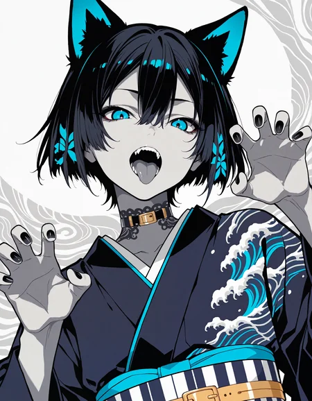 (flat_colors:1, anime_coloring, vector_trace:1), incredibly_absurdres, very_aesthetic, dutch_angle)
(MCHI-Illu, (patterned_hair:1), dark_theme, gold_buckle, abstract_background, blue glow, (yagasuri, wave print, goshoguruma), solo, tongue, animal ears, tongue out, open mouth, fangs, 1boy, tattoo, japanese clothes, grey_skin, male focus, looking at viewer, short hair, kimono, hair between eyes, upper body, choker, black hair, limited palette, white background, claw pose, black nails, bangs, egasumi, simple backgroundu)