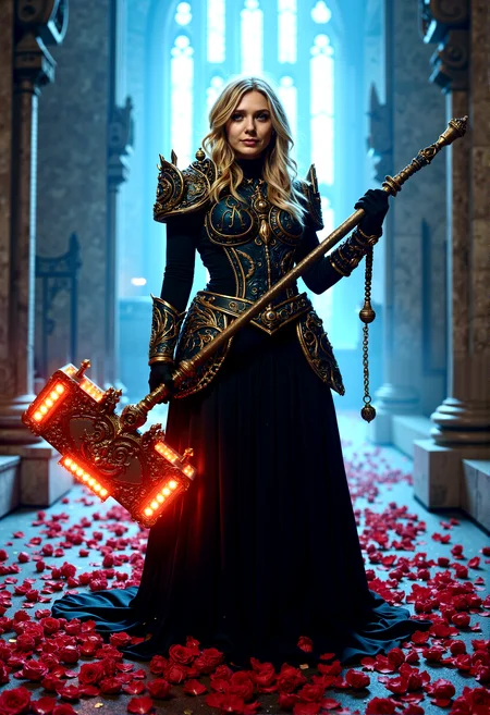 dark paladin queen, her dress a blend of intricate armor, breastplate, and flowing fabric in turtleneck, wielding a massive, glowing warhammer, with a backdrop of a towering cathedral bathed in cold, ethereal light and a storm of rose petals.
She stands with the hammer held loosely at her side, her posture relaxed but alert. Her expression is calm, with a slight smile, as if she has just won a hard-fought battle and is surveying the aftermath.
A creative low-angle shot from the perspective of the hammer, looking up at the dark paladin queen. This shot emphasizes her control over the powerful weapon and creates a sense of awe
cinematic lighting, extremely intricate detail character, accurate depiction of character, correct body anatomy, correct hands and fingers, extremely intricate skin and facial texture detail, design,lifelike potrayal, extrememly realistic lighting, extreme dynamic pose