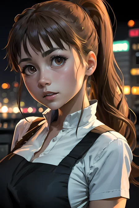 1girl, taneshima_popura, (high detailed skin:1.2), 8k uhd, dslr, soft lighting, high quality, solo, huge breasts, ponytail, apron, dark background, neon background, lewd face, neon buildings, night, night lights, night city, glowing lights, buildings, windows, stars, close-up, <lora:taneshimaPopuraWagnaria_popuraV1:0.6>,