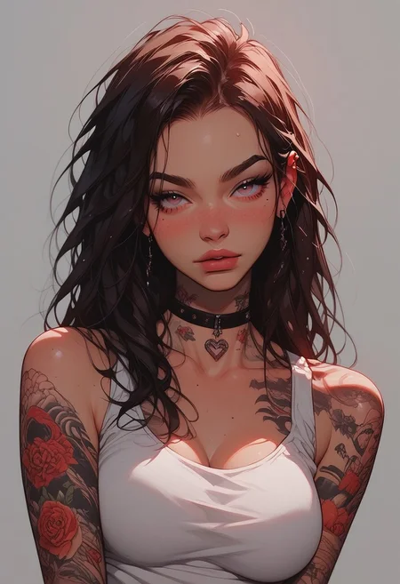 Score_9, Score8_up, Score_7_up, (((High Resolution, Best Quality))), Covered in Tattoos, brushing hair behind ear, 
Tanktop, cutoff, choker,