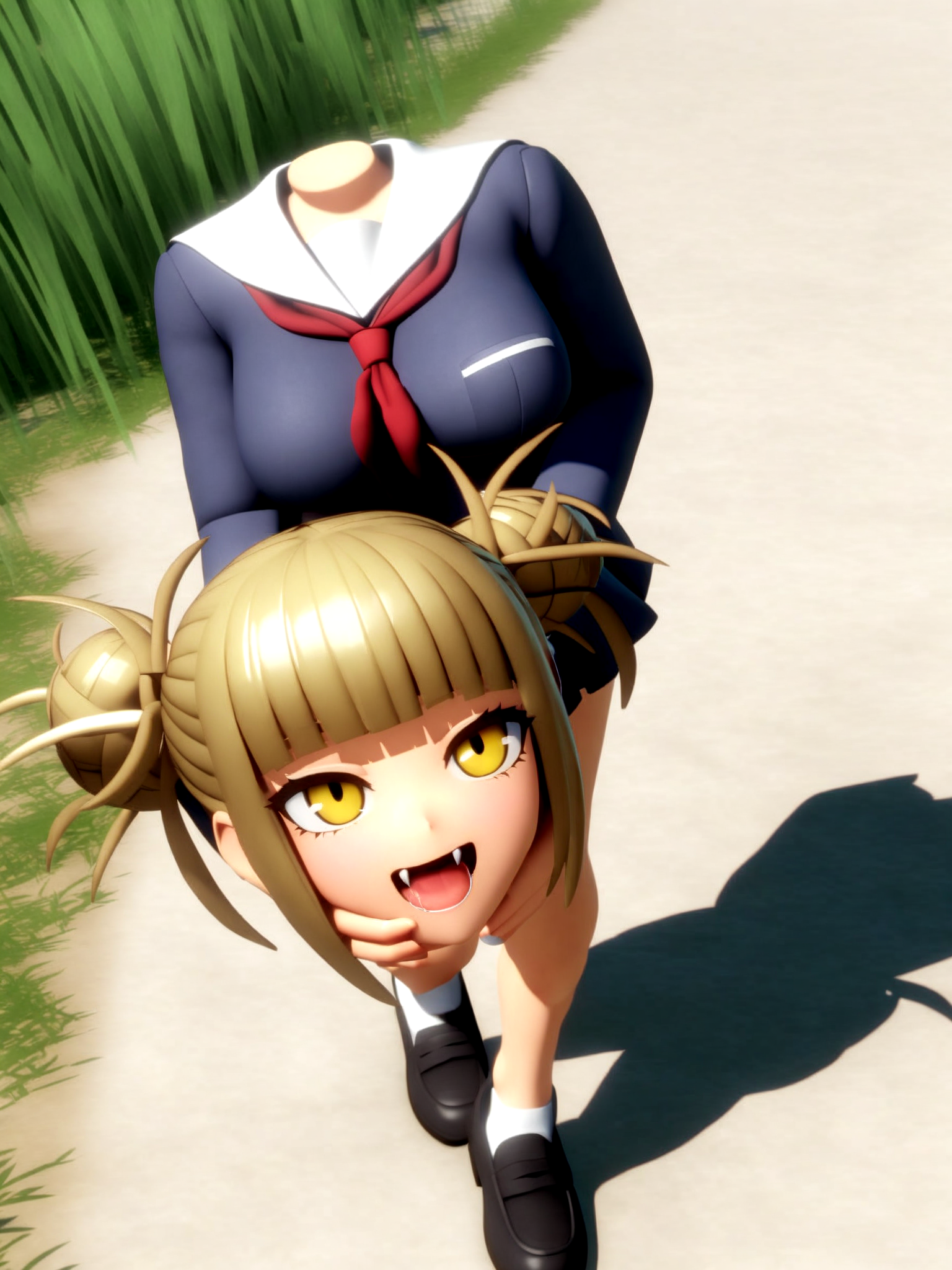 girl ,disembodied head,headless,solo,himiko toga,school uniform,miniskirt, selfie, from above,walking,on gras,smug,fangs,saliva,medium breasts,black shoes,looking up,3d anime,  <lora:xlDadapt_disembodied_v:2>