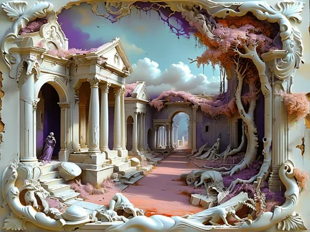 Neoclassicism, (Foolish Vector image:1.3) of (Technical illustration:1.3),(Sad:1.3) Midnight Purple, Haunting Malevolent Sinister Spectral Wraithlike Eerie (Ghast:1.5) Desolate graveyard Shadowy forest Abandoned ruins medieval, ((Fantasy-themed, fantasy art, swift brush strokes)), (Pulp:0.9), ((Dark and grim colors and mood)), (Victorian Gothic Art:1.3),(Dark hue:1.3), embossed in metal,<lora:TQ_-_Relief_Paintings_XL:1>,<lora:clothing_slider_v19:2>,(by Artist John Howe:1.3),(Flat style:1.3),Illustration,Behance,(Land Art:1.3),(Infrared:1.3), ancient Rome and Greece inspired, idealic, sober colors, Neoclassicism