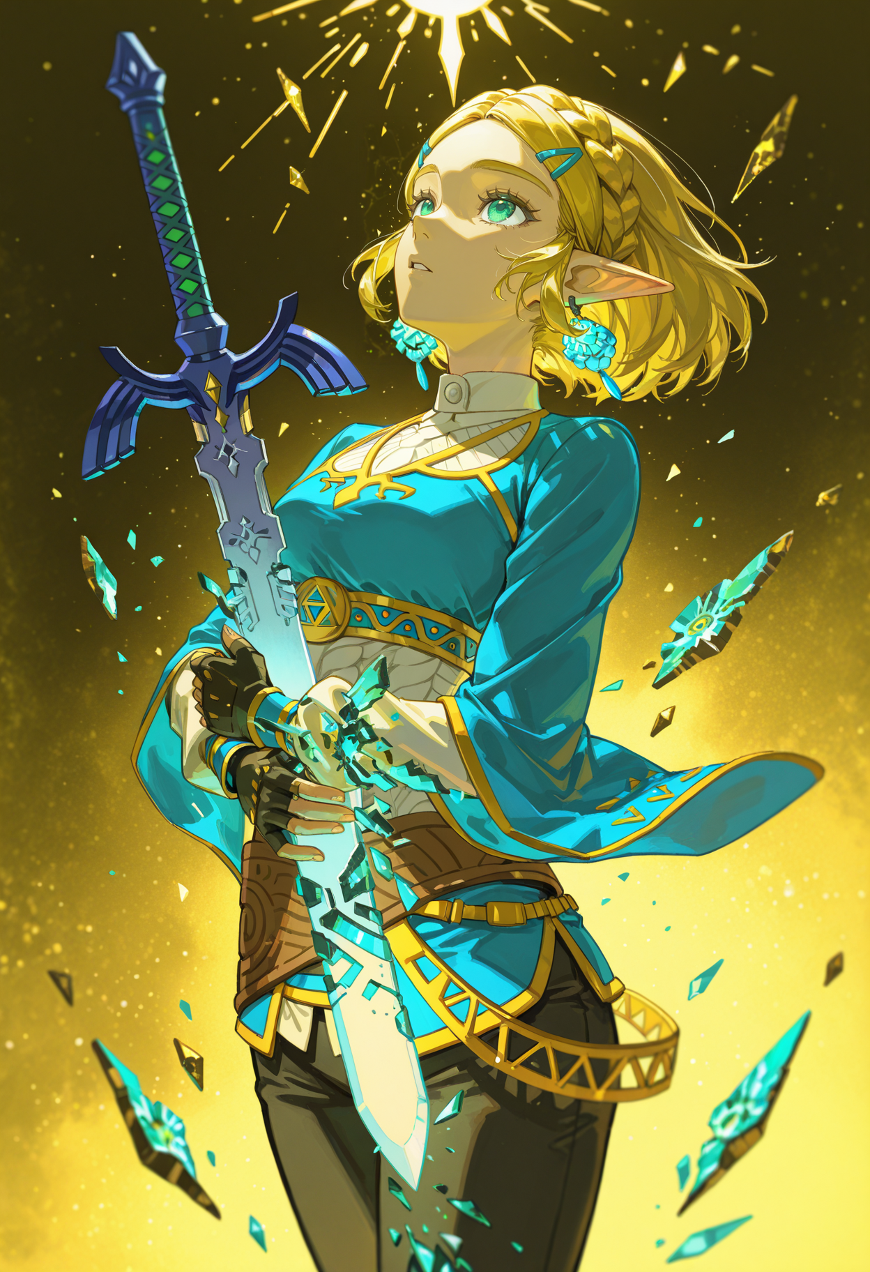 light background, yellow background, golden background, golden lights, abstract background, princess zelda, the legend of zelda: tears of the kingdom, cowboy shot, hugging object, hugging master sword, looking up, parted lips, 1girl, master sword disintegration, floating aqua shards, 
<lora:illustrious_noobai_epsilon_pred_1_masterpieces_v1:1> masterpiece, very aesthetic, absurdres, <lora:NOOB_vp1_detailer_by_volnovik_v1:0.6>, <lora:spo_sdxl_10ep_4k-data_lora_webui:0.8>,  <lora:z3zz4_075:0.8>, solipsist