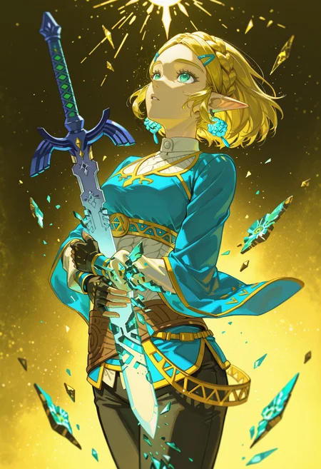 light background, yellow background, golden background, golden lights, abstract background, princess zelda, the legend of zelda: tears of the kingdom, cowboy shot, hugging object, hugging master sword, looking up, parted lips, 1girl, master sword disintegration, floating aqua shards, 
<lora:illustrious_noobai_epsilon_pred_1_masterpieces_v1:1> masterpiece, very aesthetic, absurdres, <lora:NOOB_vp1_detailer_by_volnovik_v1:0.6>, <lora:spo_sdxl_10ep_4k-data_lora_webui:0.8>,  <lora:z3zz4_075:0.8>, solipsist