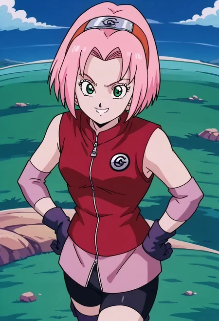 score_9, score_8_up, score_7_up, source_anime,
sakuraharuno, <lora:sakura-haruno-shippuden-s1-ponyxl-lora-nochekaiser:1>,
sakura haruno, short hair, green eyes, pink hair, parted bangs, hairband, forehead protector,
gloves, green eyes, sleeveless, black gloves, red shirt, zipper, forehead protector, konohagakure symbol, boots, bike shorts, zipper, toeless footwear,
outdoors, landscape, smile, hands on hips,
cowboy shot, looking at viewer, solo, dutch angle,retro artstyle, 90s dbz style, style dragon ball z girls 90s.