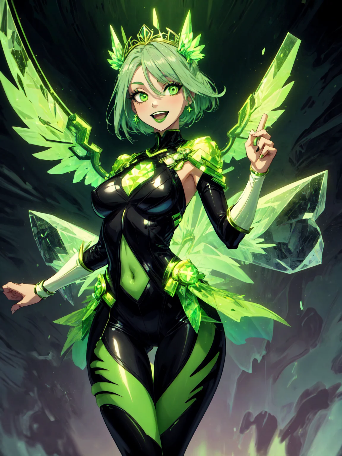<lora:add_detail:0.25>, (1girl, solo, adult female, mature female), <lora:concept_goodHands:1>, <lora:detailed_eyes:1>, lavender hair, updo haircut, short hair, green eyes,
<lora:style_uraniumTech_(uraniumtech--radiation--scifi--nuclear--transparent):0.95>, uraniumtech, transparent leotard, green uraniumtech crystal clothes, uraniumtech tiara, skirt, scifi leotard, uraniumtech leggings, radiation, see-through, nuclear, 
[muscular, biceps],  leg muscles, thigh muscles, 
uraniumtech magical girl, magical girl pose, smile, open mouth, excited, happy, glowing green eyeliner, glowing green lipstick, thigh gap, navel cutout, glowing green breasts, glowing green wings,
<lora:concept_coloredLipstickLoha_v420:0.8>,
