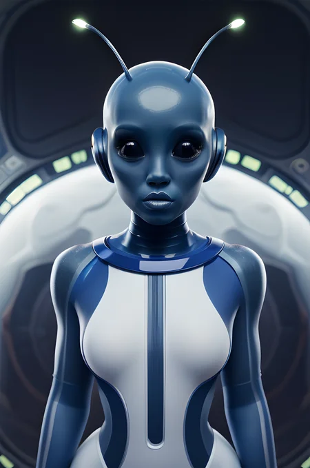 <lora:ClassicAlienGirls_concept:0.8> alienplus, colored skin, realistic, upper body, space suit, cute, curvy, space background, antennae,