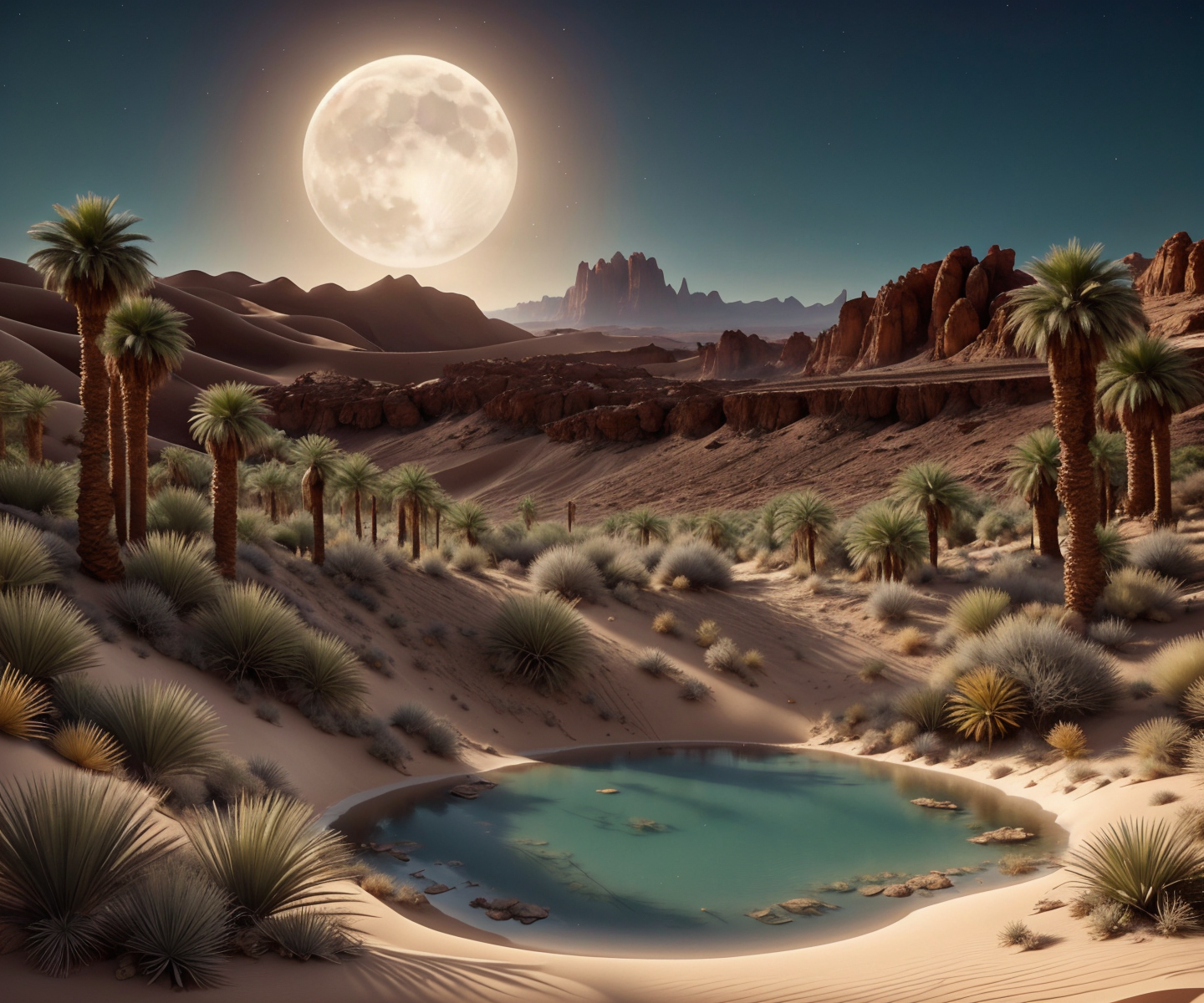 RAW photo, (masterpiece:1.3), subsurface scattering, heavy shadow, (high quality:1.4), (intricate, high detail:1.2), professional photography, HDR, High Dynamic Range, realistic, ultra realistic, photorealistic, high resolution, film photography, ambient lighting, atmospheric effects, <lora:detail_slider_v4:2>, OverallDetail,  <lora:Oasis:1>, a small oasis in the desert at night, palm trees, shrubs, nighttime, stars, moon, campfire, tents, water