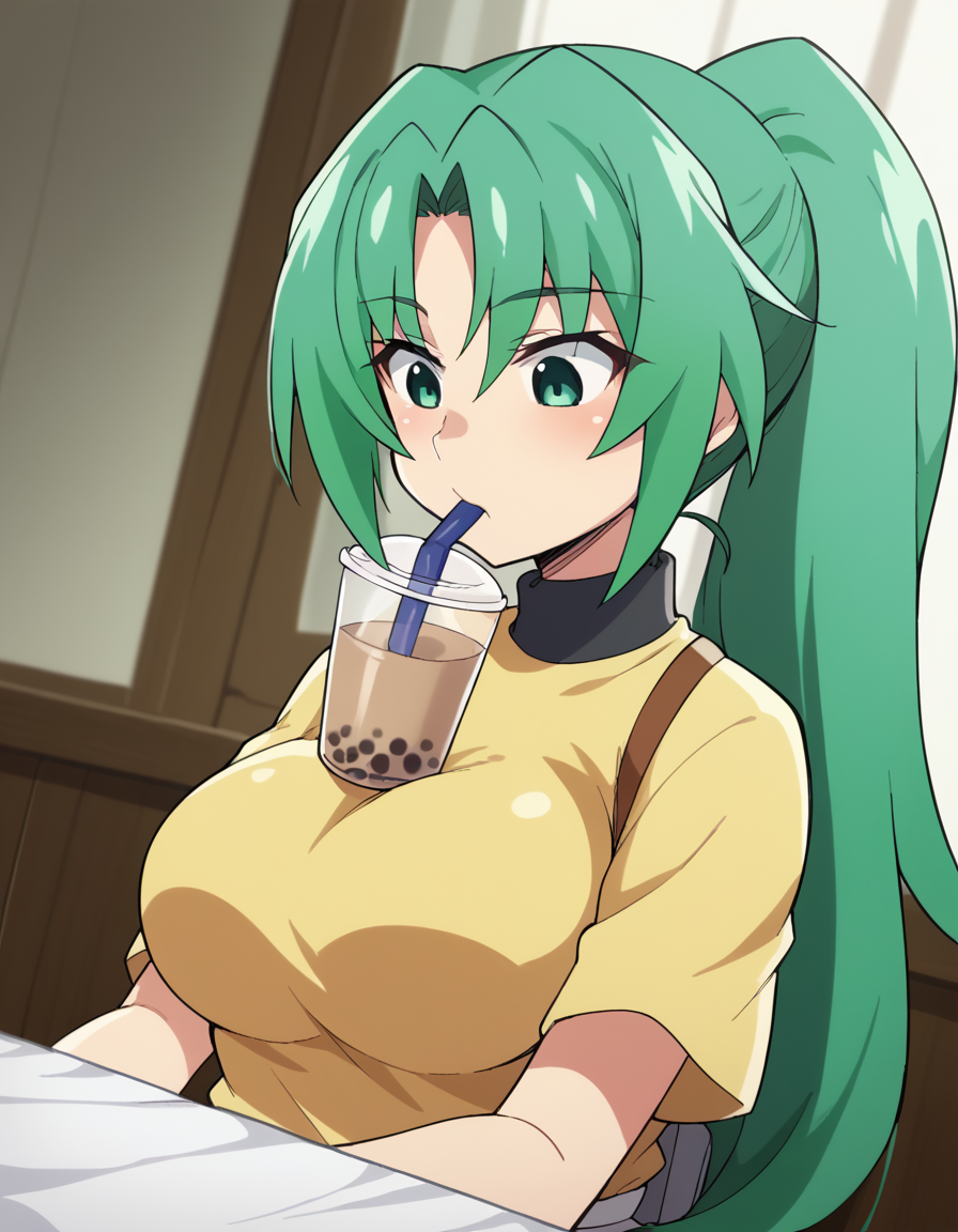 score_9, score_8_up, score_7_up, source_anime, <lora:mion-sonozaki-s4-ponyxl-lora-nochekaiser:1>, mion sonozaki, long hair, green eyes, ponytail, green hair, large breasts,, <lora:bubble-tea-challenge-ponyxl-lora-nochekaiser:1>, bubble tea challenge, bubble tea, object on breast, drinking straw, drinking straw in mouth, drinking, cup,, indoors, sitting, looking down, , dutch angle, cowboy shot