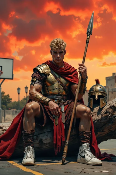 This image is a highly detailed, realistic photograph of a medieval Roman man, a young adult with a chiseled jaw, short curly blond hair, and no facial hair. He wears traditional Roman warrior attire, consisting of a bronze-plated lorica segmentata chest armor with intricate engravings, a deep red tunic underneath, a leather cingulum belt with hanging straps reinforced by metal studs, and a flowing crimson cape draped over one shoulder. His muscular arms are adorned with ornate bracers, and he grips a long Roman spear with a sharp iron tip. A detailed Roman galea helmet with a curved cheek guard and a decorative crest sits beside him. In contrast to his ancient garb, he wears oversized all-white Air Jordan 1 Retro High OG sneakers, featuring premium leather panels, a padded high collar, and the signature Nike swoosh. He sits on a massive piece of driftwood at the edge of an urban basketball court, its cracked asphalt showing faint court lines. The sky is ablaze with a surreal orange glow, streaked with vivid red fluffy clouds, casting an ethereal light over the scene, blending ancient history with modern street culture.