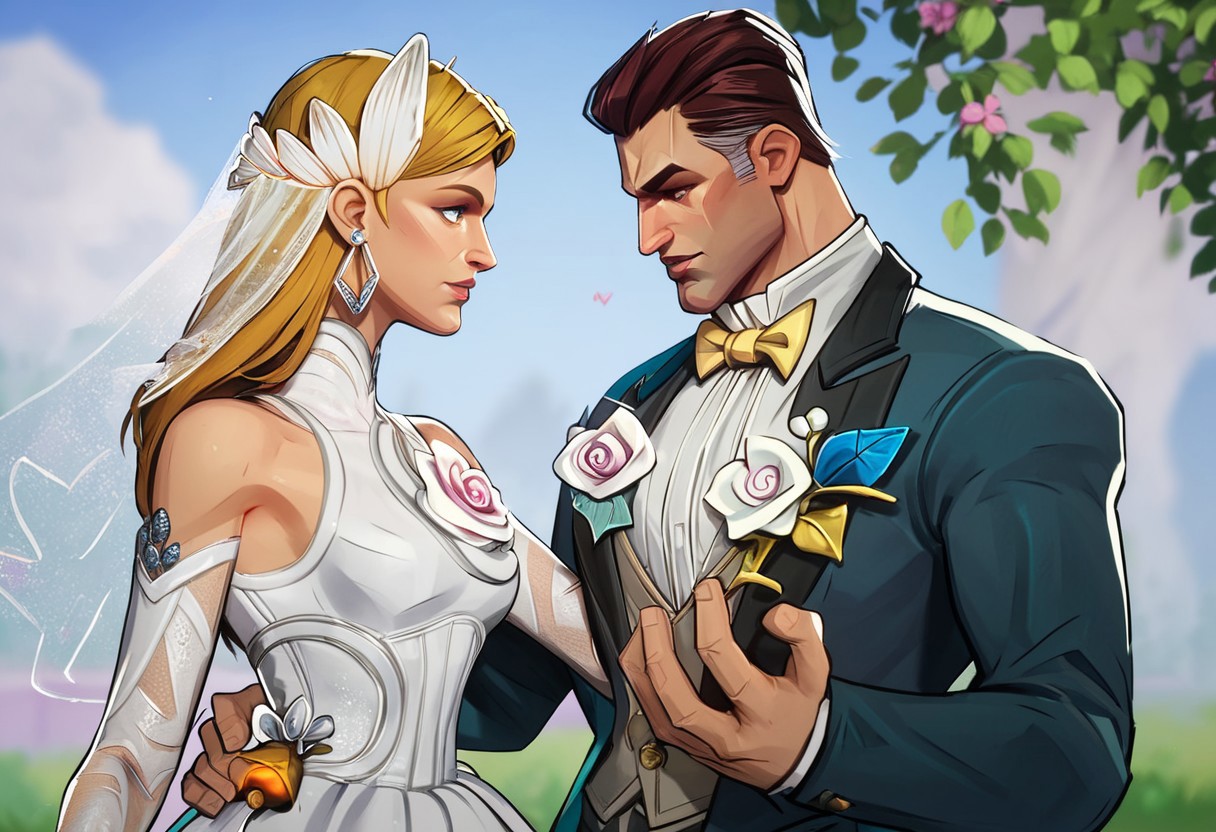score_9, score_8_up, score_7_up, masterpiece, best quality, newest, absurdres, highres, 1boy, ReedRichards-Lifefantasticskin-V1.0,   suit, formal clothes, bowtie, brown hair, brown eyes, flower, shrt hair, pants, yellow bowtie, portrait, 1girl, SueStorm-Lifefantasticskin-V1.0,  wedding dress, wedding veil, veil, white dress, short dress, blonde, bare shoulders, blue eyes, flower, jewelry, long hair, earrings, long hair, high heels,