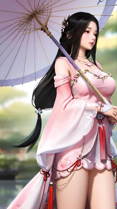 amazing quality,absurdres,best quality,masterpiece,highres,newest,detailed,detailed body,detailed face,masterpiece,best quality,solo,
fangziyingxiu,1girl,umbrella,solo,long hair,jewelry,black hair,dress,low-tied long hair,hair ornament,3d,realistic,breasts,<lora:è³å§¿çè¢:0.8>,