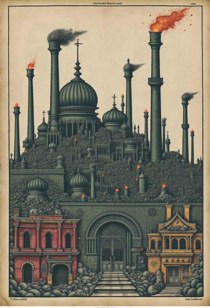 11th-style, This image is a detailed, hand-drawn illustration of a haunted, industrial cityscape, rendered in a dark, intricate style with a muted colors. drawn on an old parchment.