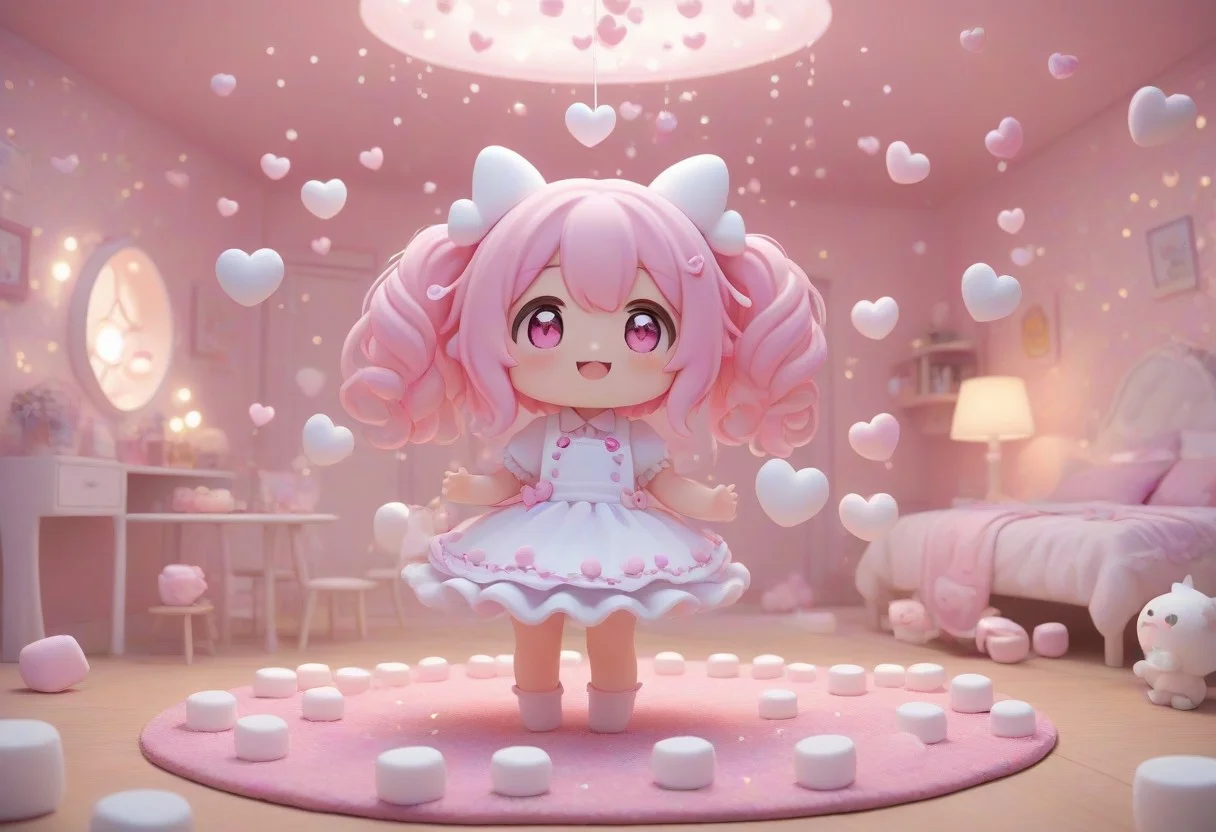 masterpiece, best quality, sfw, made of marshmallows,
1girl, full body, chibi character, deformed character, white apron costume, white round design, cute, kawaii,
hearts around, love, happy, blush, shame,
indoors, simple room, twinkling particles, stardust,