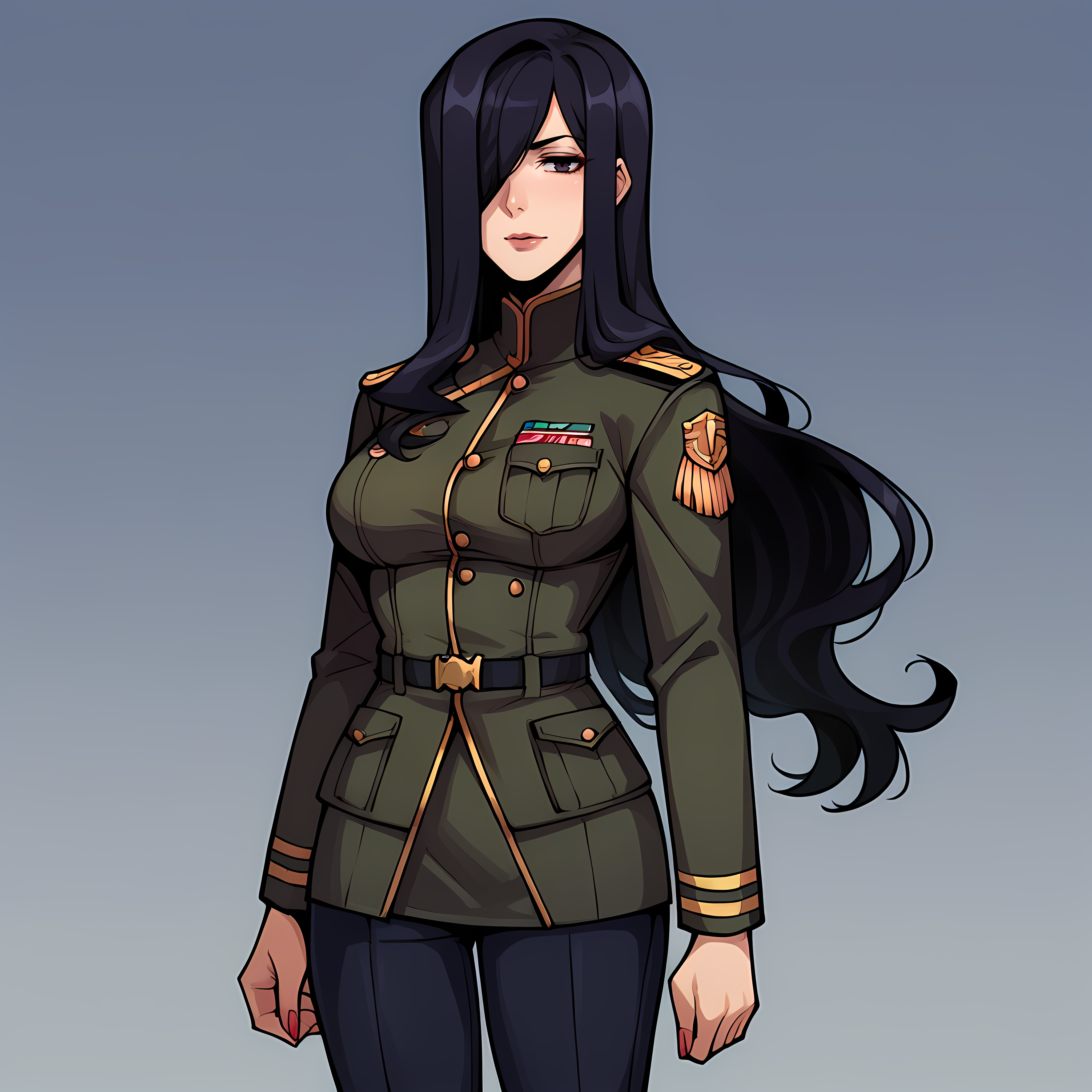 score_9,score_8_up,score_7_up,score_6_up,source_anime,rating_questionable,solo, 1girl,  <lora:Queen_Nancy_-_Skullgirls:0.8> QueenNancy,long hair, hair over one eye, black hair, military uniform, military commander, zPDXL2,