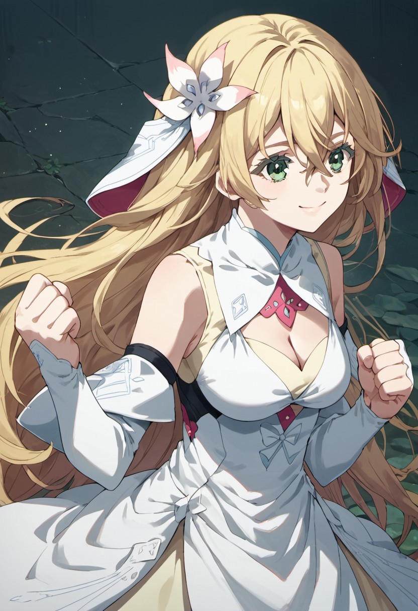 score_9, score_8_up, score_7_up, source_anime, rinne, long hair, blonde hair, green eyes, 1girl, hair ornament, solo, clenched hands, smile, hair flower, flower, cleavage, dress, hair between eyes, detached sleeves