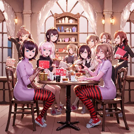 b74_aes, Ultra-detailed anime-style illustration of a vibrant Valentine's Day gathering in a charming café, rendered in stunning 8K resolution. The scene depicts a cozy, pastel-colored café interior filled with a diverse group of anime waifus exchanging chocolates and gifts. Central focus on a group of waifu characters seated around a ornate table, each with unique hairstyles, outfits, and expressions conveying joy and excitement. Characters range from shy and blushing to confidently presenting elaborately wrapped gifts. Outfits blend cute casual wear with subtle Valentine's themes - heart-shaped accessories, rose patterns, and soft pink and red color accents. The café interior features intricate details: delicate lace curtains, heart-shaped hanging lights, and shelves lined with kawaii plush toys and decorative teapots. A display case in the background showcases an array of colorful Valentine's-themed cakes and chocolates. Soft, warm lighting emphasizes the cozy atmosphere, with gentle shadows and highlights accentuating the characters and environment. Color palette dominated by soft pastels - pinks, lavenders, and creams - with pops of deeper reds and chocolatey browns for contrast. Subtle sparkles and soft glow effects enhance the magical, romantic atmosphere. The artistic style combines the clean lines and expressive features of modern anime with the intricate details and soft textures of high-end digital illustration. Character designs emphasize big, expressive eyes, diverse hair colors and styles, and a range of cute expressions from shy smiles to excited grins. Background characters engage in various café activities - ordering heart-shaped lattes, sharing slices of cake, or shyly presenting handmade Valentine's cards - adding depth and life to the scene. anime style, Mavis Dracula, Black hair, Blue eyes, Short, choppy bangs, Pale skin, Red and black striped leggings, Black dress, Red sneakers, Youthful appearance, Pointed ears, null