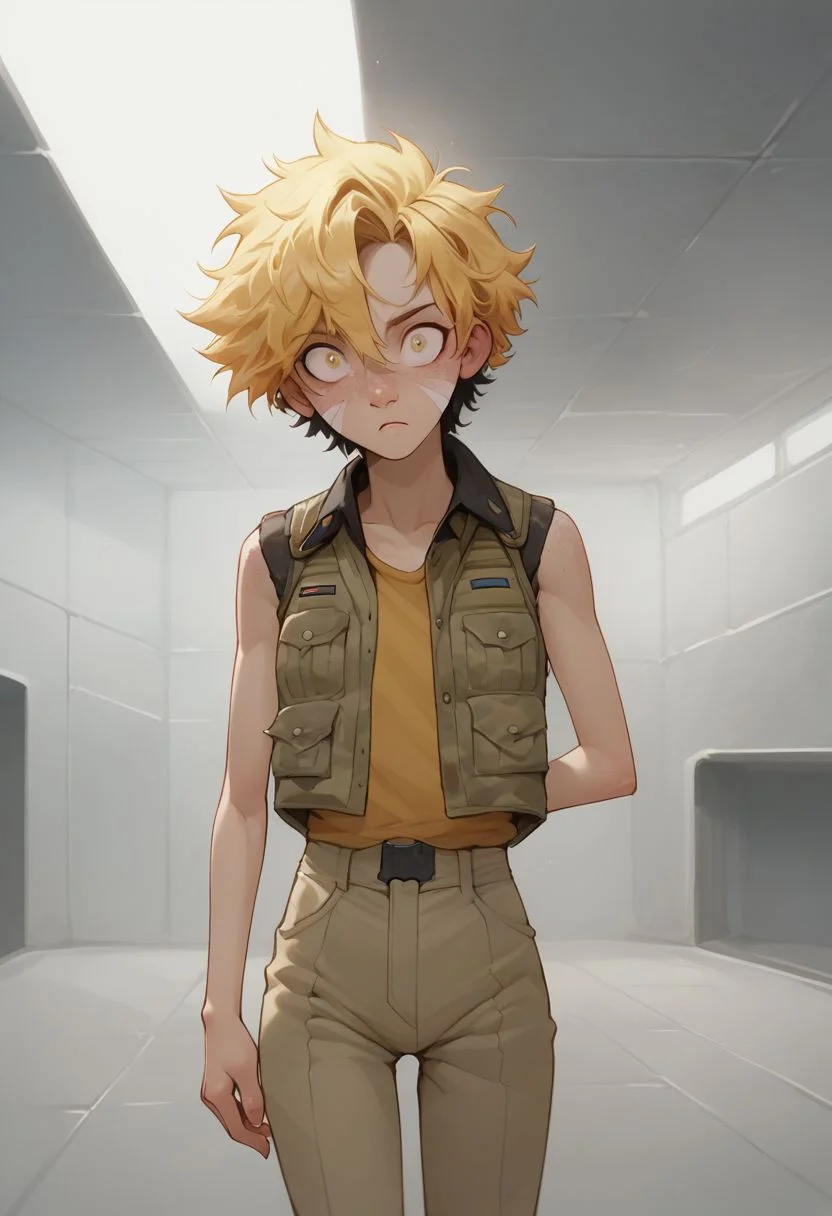 Alien, DonMU17r4G34rXL, score_9, score_8_up, score_7_up, anime_style, female, solo 18 year old, wasp hybrid humanoid, skinny body, huge bulging eyes, insect eyes, wide open eyes, spiky hair, small breasts, an neutral facial expression, yellow exoskeleton armour, sci-fi theme, army combat pants, vest, spaceship hanger background, sneaking down a corridor, watching for Intruders, holding a long spike, dynamic pose,