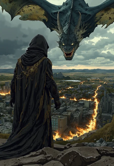 ultra high quality, photorealistic, photo of a human in a long worn out black cape with a hood, standing with the back to the camera and spread arms on a hill outside of a destroyed city, Devastation and rubble, ruins of skyscraper in a postapocalyptic scenery, a big blue dragon flying over the city, smaller fires everywhere, dark grey cloudy sky, stormy weather, dark mood,