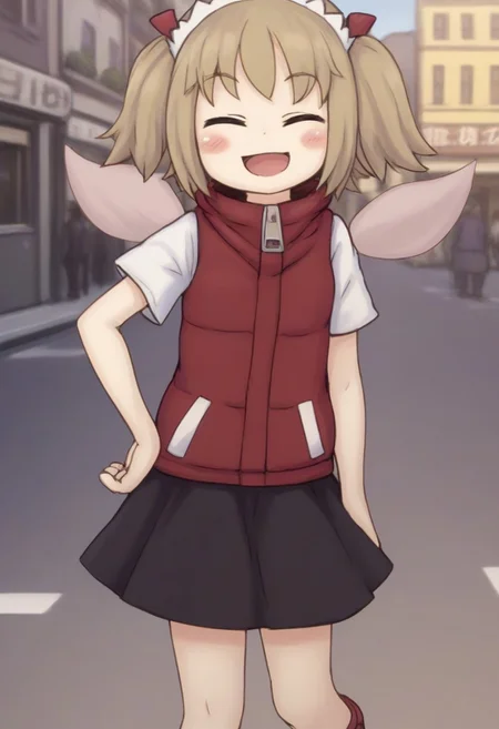 standing, laughing, blush, shiriri, short female, one hand on own waist, round face, street, cityscape, (short female:1.2)