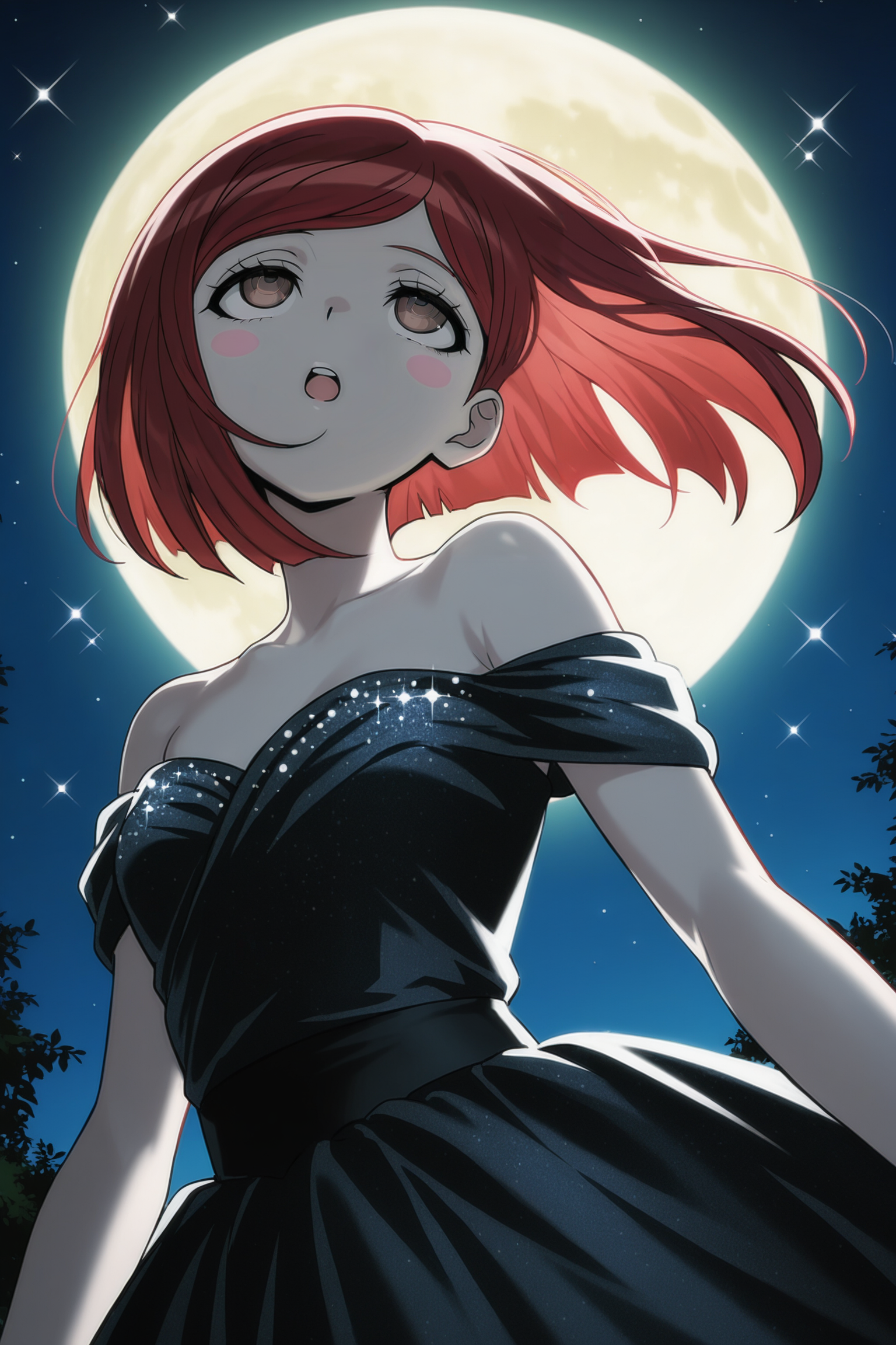 anime screencap, masterpiece, best quality, amazing quality, very aesthetic, absurdres,  newest, (scenery, volumetric lighting),
yumeno himiko, short hair, bangs, brown eyes, pale skin, red hair, blush stickers, bob cut,
solo, 1girl, 
ballroom, sparkle print, black ballroom gown, outdoors, night sky, night, dappled moonlight, moon, from below, looking up, open mouth, stargazing, bare shoulders, 
 <lora:HimikoYumeno_IL:0.8>