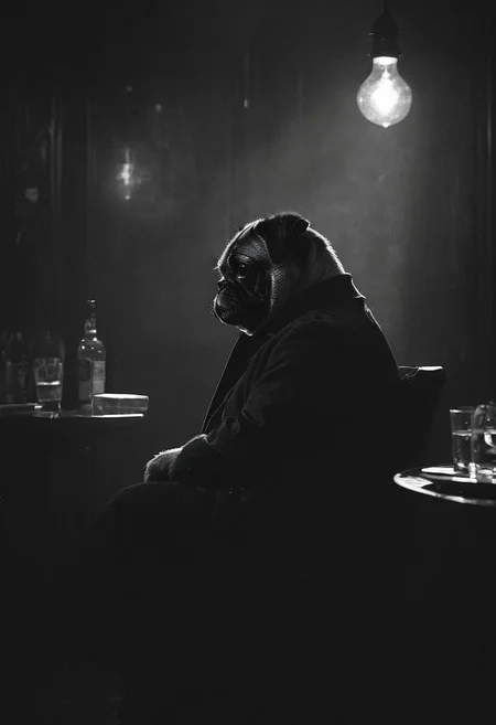 (anthropomorphic pug: 1.39) noir detective in Los Angeles,, Volumetric lighting, concept art, sharp focus, digital art <lora:xl_more_art-full_v1:0.8> <lora:Into_Darkness:0.8>, fedora, smokey, trench coat, (revolver held at ready: 1.39), sitting in jazz-club, pattern wallpaper