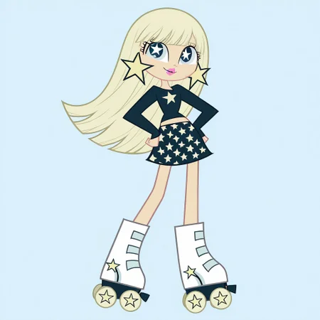 masterpiece, perfect cute face, on model, accurate art style, cartoon screencap, show accurate, milkywaymwatgg, 1girl, solo, blonde hair, long hair, light blue eyes, pink lipstick, star earrings, dark blue crop top, long sleeves, dark blue skirt, white roller skates, full body, hands on hips, standing, smile, looking at viewer