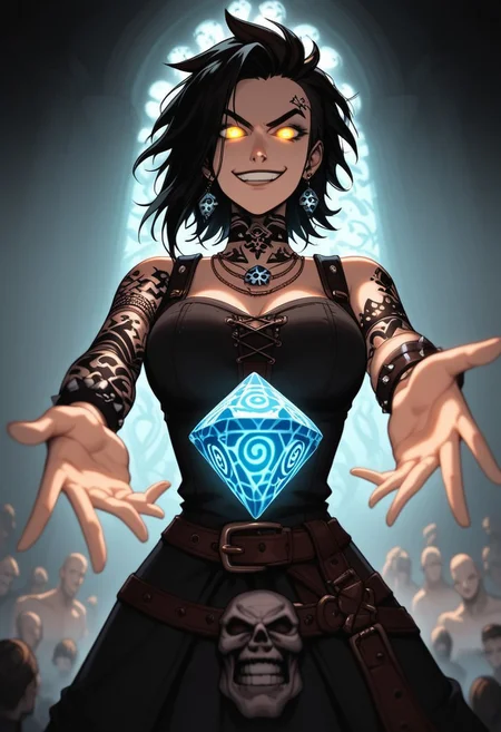 mysterious female gambler, punk mystic vibe, glowing eyes, smirking confidently, throwing glowing dice toward the viewer, enchanted playing cards, extreme foreshortening, dynamic action pose, angle from below, worm's-eye view, cinematic fantasy scene, dice in foreground appearing massive, sleek dark clothing with arcane glowing patterns, waist-up view, hand reaching toward the camera, glowing tattoos, energetic motion, dark magical saloon or ancient temple setting, mystical lighting, high detail, dramatic depth of field, visual intensity, bold composition, dark fantasy style, ultra sharp focus on eyes and dice,