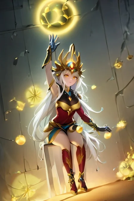 safe_pos, (masterpiece, sharp focus, clean lines:1.2), distant galaxies spiral into the abyss, cosmic energy, surreal, vibrant, ethereal:1.1), perfect breasts, (hyperdetailed:1.1), (intricate details:1.0), (Refined details:1.1), (best quality:1.1), (high resolution:1.2), mesmerizing detailed radiant face, mesmerizing detailed beautiful eyes:1.2), justicar syndra, long white hair, golden eyes, sitting on the ground