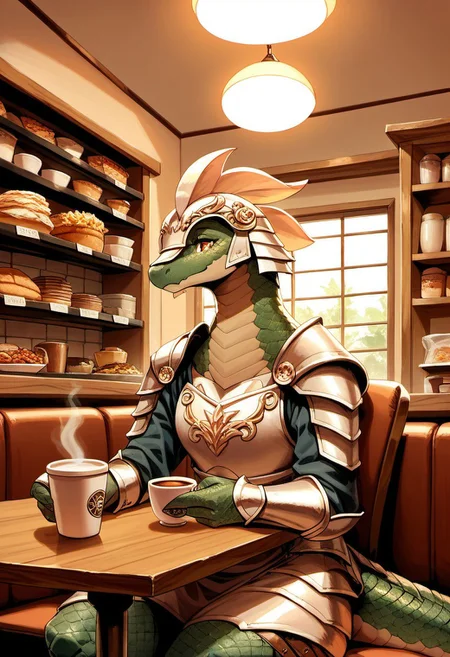 score_9, score_8_up, score_7_up, score_6_up, 
detailed background, cafe 
shop, 
cup of coffee, cozy, sitting at a table, 
backliot, edgelit, dynamic lighting,
armor, helmet, 
scales, detailed, reptilian tail, 
tall girl, huge girl, mini giantess,